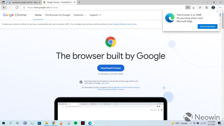 微軟Edge跳出訊息，諷刺Google Chrome還停留在2008年，是過時的產品。 圖：翻攝自Neowin
