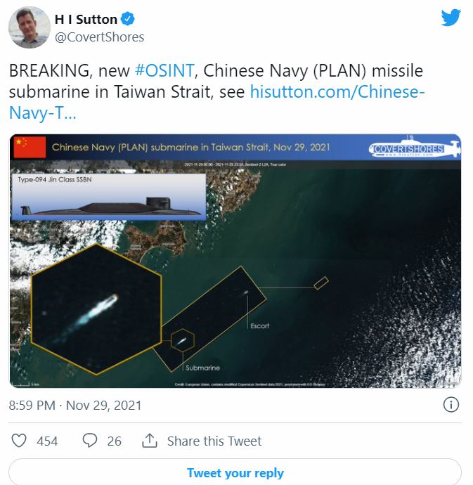 薩頓指出中國派出一艘SSBN潛艇出沒台灣海峽。 圖：翻攝自薩頓推特
