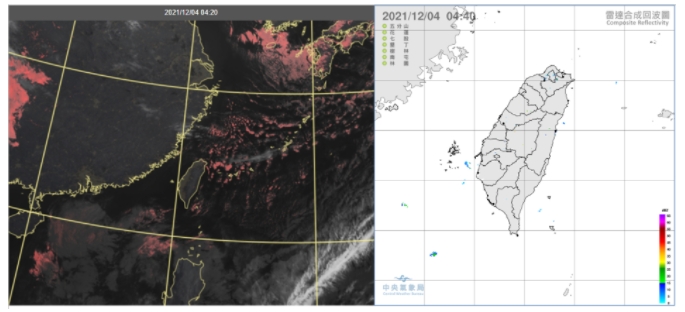 今晨4：20真實色雲圖顯示，各地晴朗無雲(左圖)。4：40雷達回波合成圖顯示，各地無降水回波(右圖)。 圖/三立準氣象· 老大洩天機」