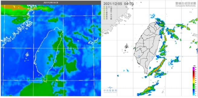 今晨4：30色調強化雲圖顯示，迎風面的東半部及北海岸有低層雲，背風面晴朗無雲(左圖)。4：30雷達回波合成圖顯示，北海岸及東部海面有降水回波(右圖)。 圖/「三立準氣象．老大洩天機」專欄