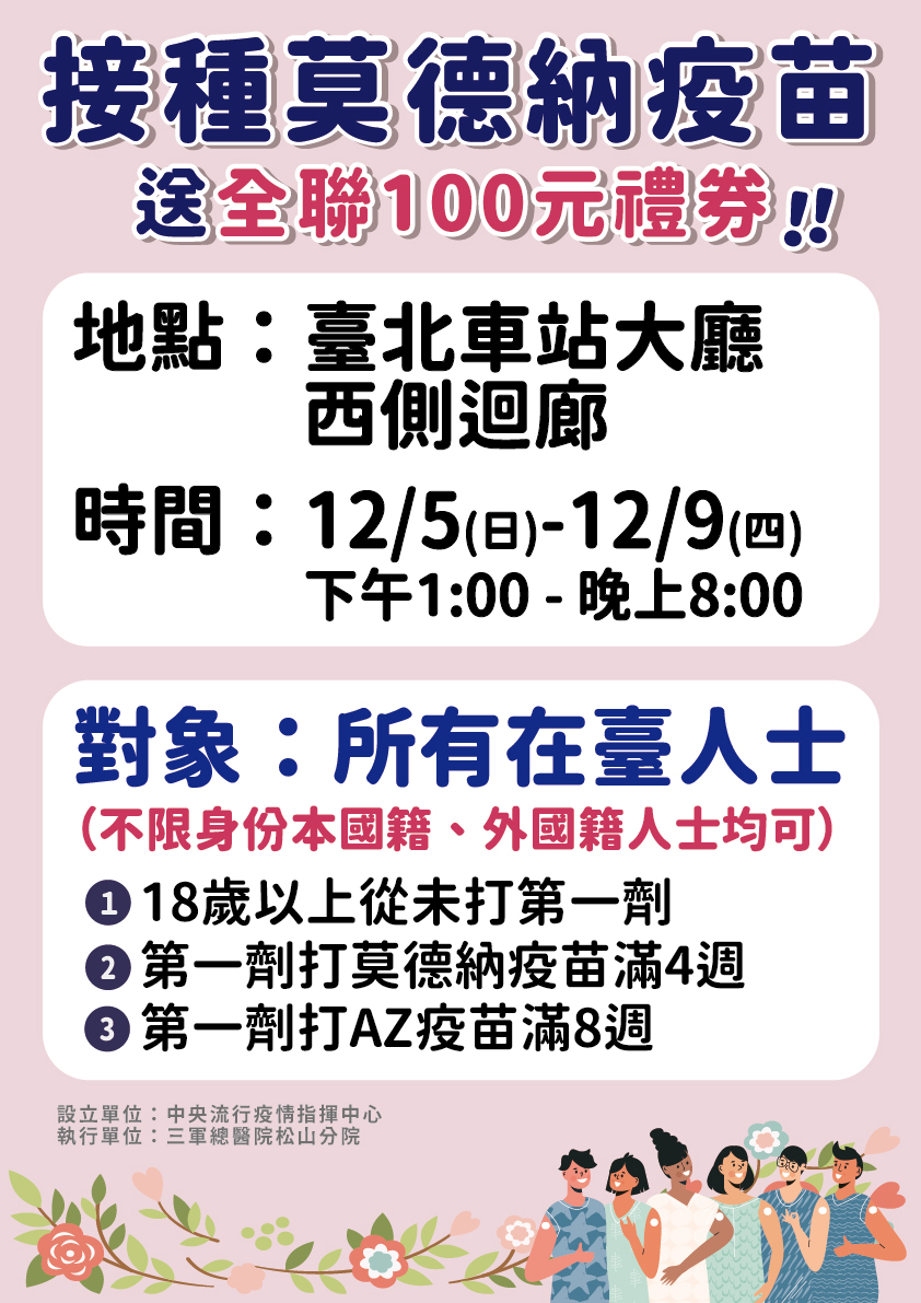 台北車站開設莫德納疫苗施打站，施打對象不分國籍，且不需事先預約。 圖：中央流行疫情指揮中心/提供