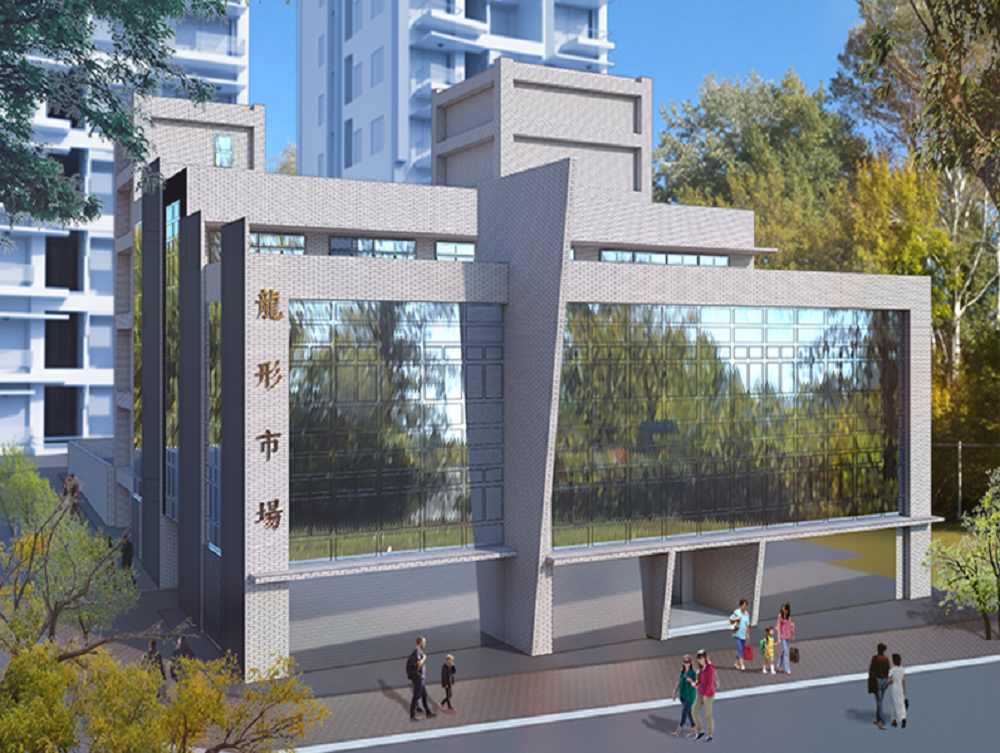八里龍形市場建築外觀規劃結合八里區景觀特色，引入觀音山、淡水河及台北港等在地景觀元素，於入口處設置帆型假牆，營造港口船隻及山巒層層疊進之意象。(圖為市場建物模擬圖) 圖：新北市市場處提供