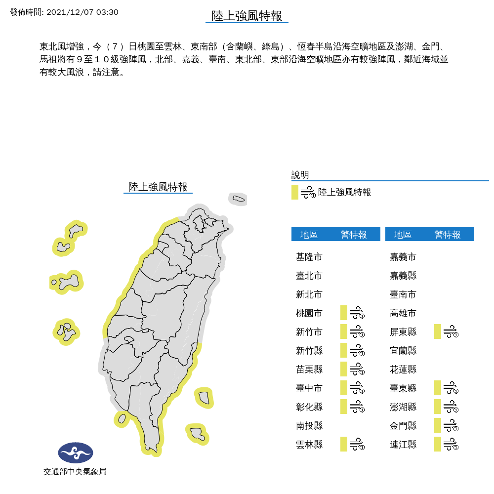 從桃園到雲林，以及東南部（含蘭嶼、綠島）與恆春半島沿海空曠地區，以及金馬澎等12縣市，今天要小心9至10級強陣風 圖：中央氣象局/提供
