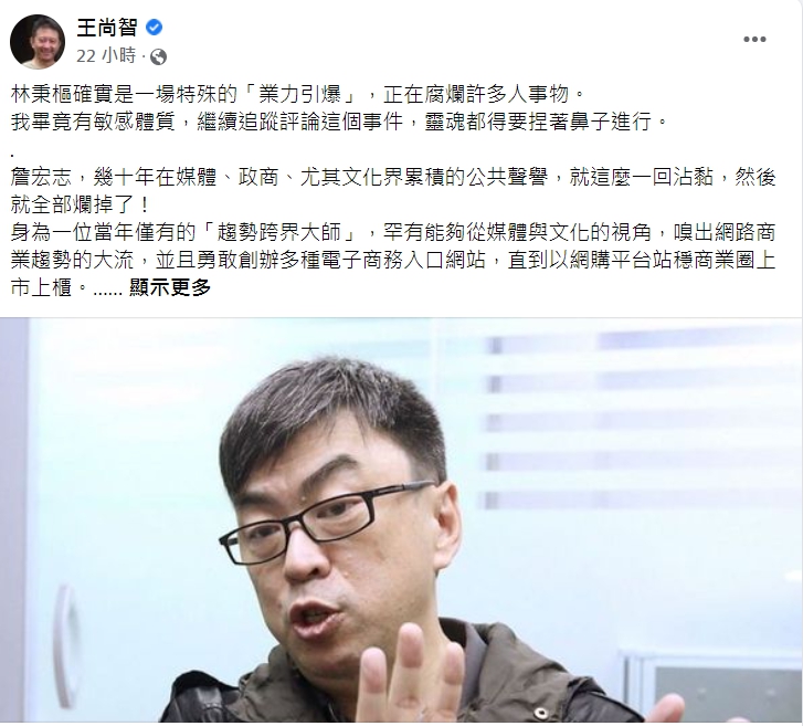 王尚智批評林秉樞網軍案對綠營帶來的衝擊。 圖 : 翻攝自王尚智臉書