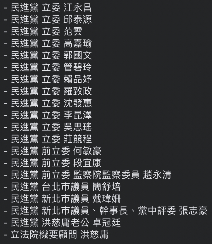 蔡正元於臉書上轉貼一則「林秉樞母親告別式上送花名錄」，不乏多位綠營立委及法、學、業界大佬出現在名單上。 圖：翻攝自臉書