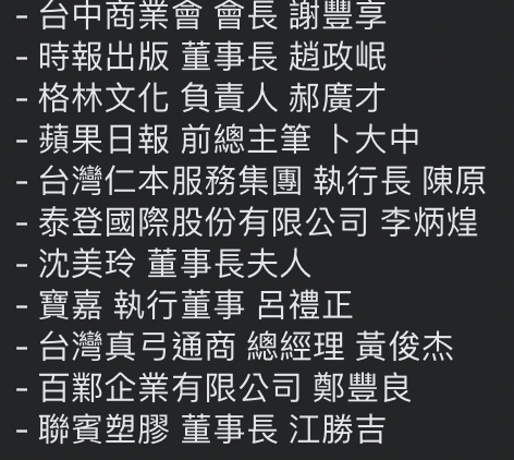 蔡正元於臉書上轉貼一則「林秉樞母親告別式上送花名錄」，不乏多位綠營立委及法、學、業界大佬出現在名單上。 圖：翻攝自臉書