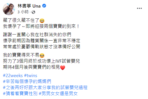 Una表示努力3個月終於成功懷上試管嬰兒，也透露預產期將在明年4月。 圖：翻攝自林書葶Una臉書