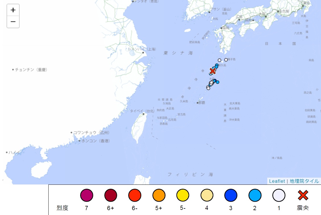 日本鹿兒島縣離島惡石島9日發生規模6.0有感地震。 圖：翻攝日本氣象廳
