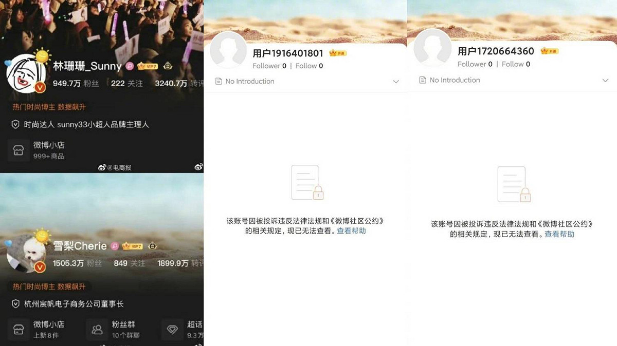 雪梨和林珊珊兩人微博繼禁言後，突然「被註銷」。 圖：翻攝自微博