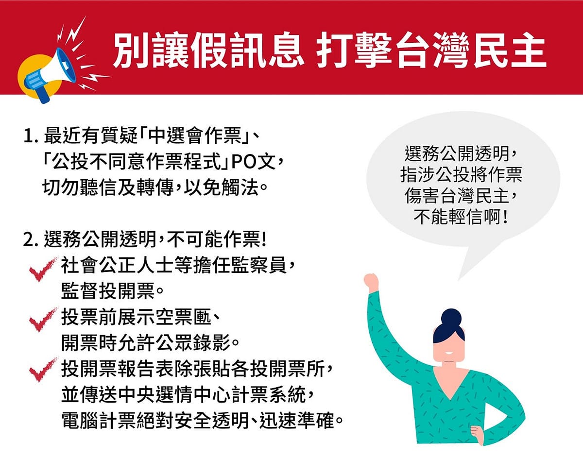 電腦計票公平公正圖卡。 圖：中選會提供