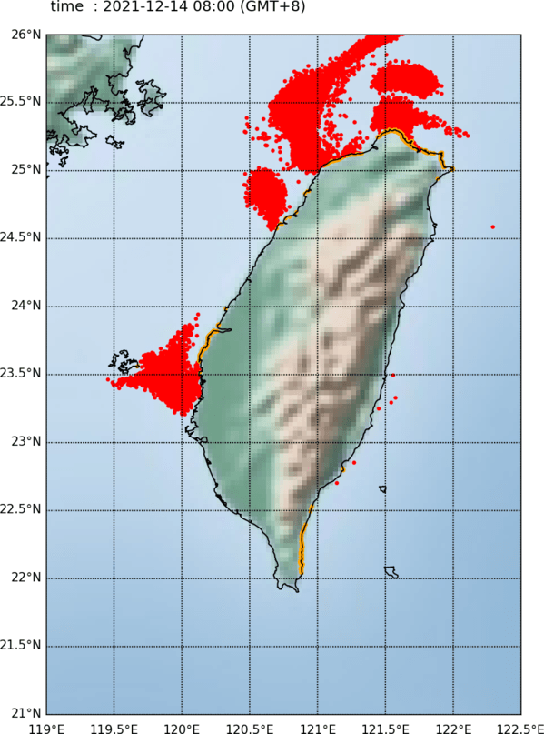 12月13日模擬火山浮石預估圖(於110年12月13日預測24小時後動態)