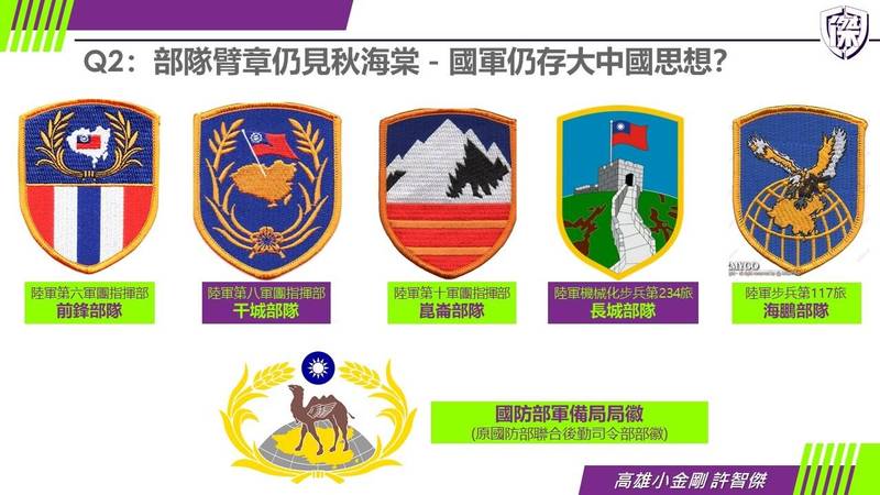 許智傑質疑，國軍許多部隊都以「秋海棠」為核心設計臂章，國軍內部難道還存有「大中國思想」？ 圖：許智傑國會辦公室提供