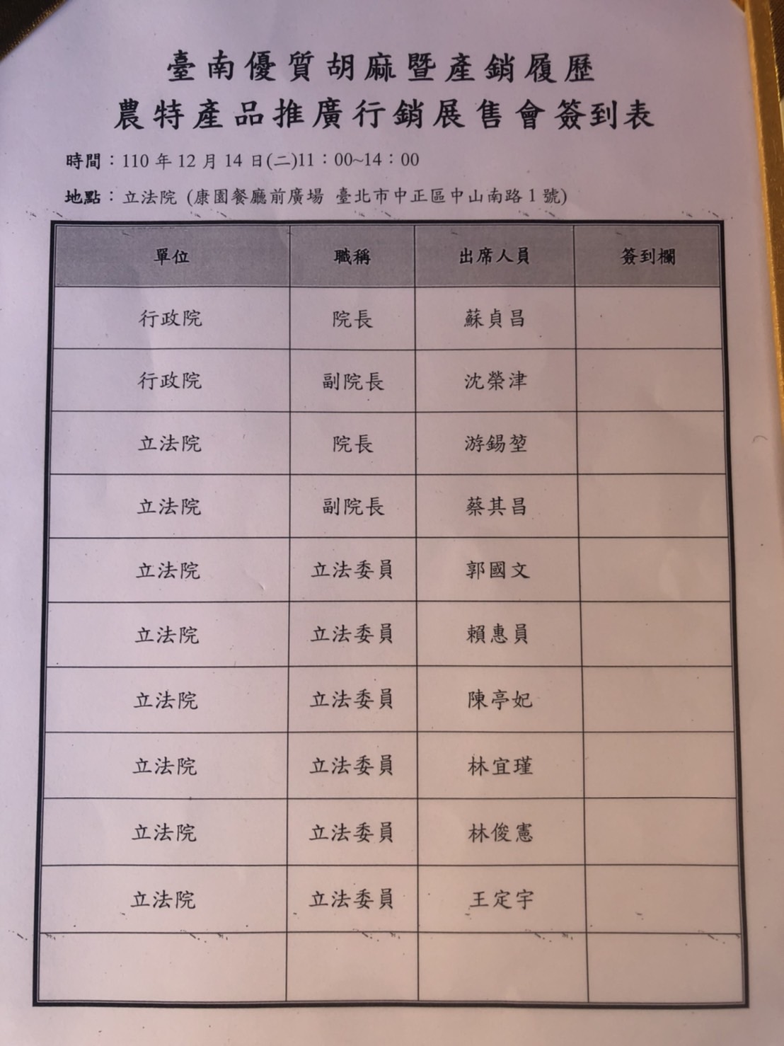 台南農特產品推廣行銷展售會簽到表，6名台南立委因故未出席。 圖:陳佩君/攝