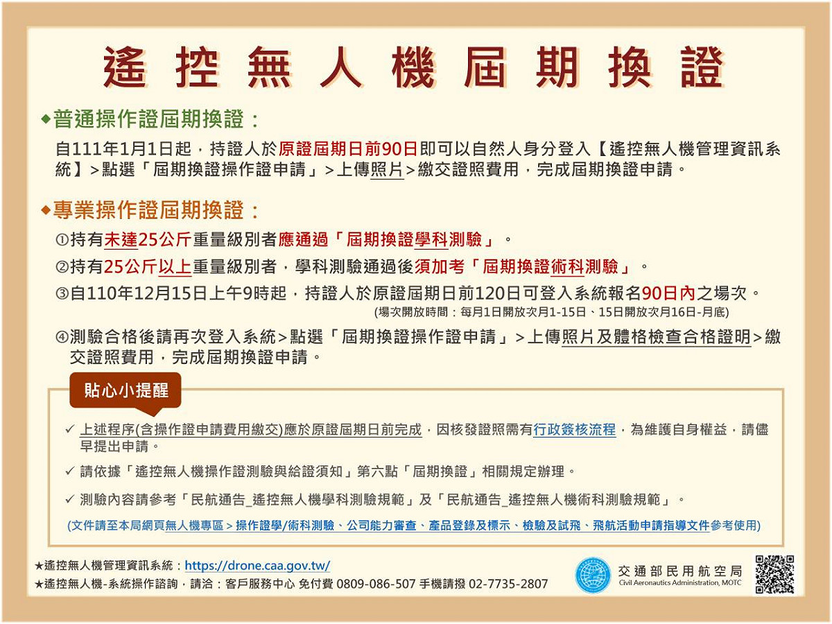 無人機操作證達2年期限需換證。 圖：交通部民用航空局/提供