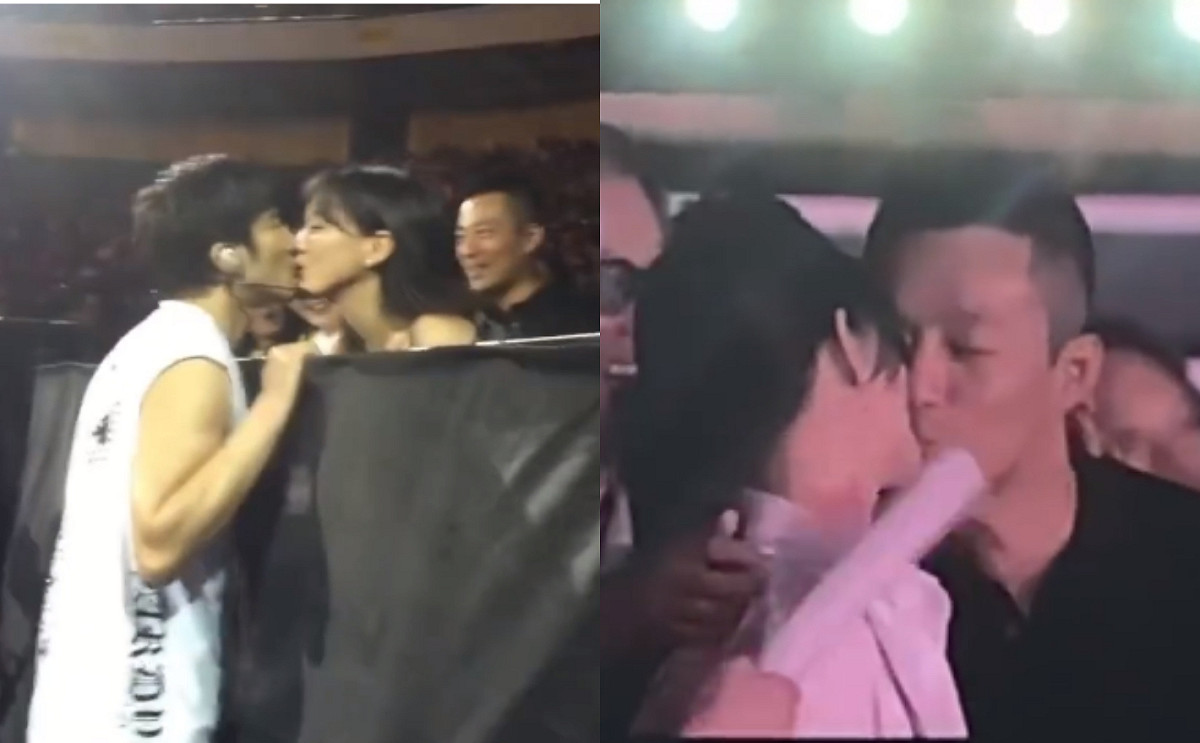 有網友翻出王力宏2年前的演唱會畫面，當時他走下舞臺親吻李靚蕾，一旁的大S與汪小菲隨後也被起鬨親吻。 圖：翻攝自微博