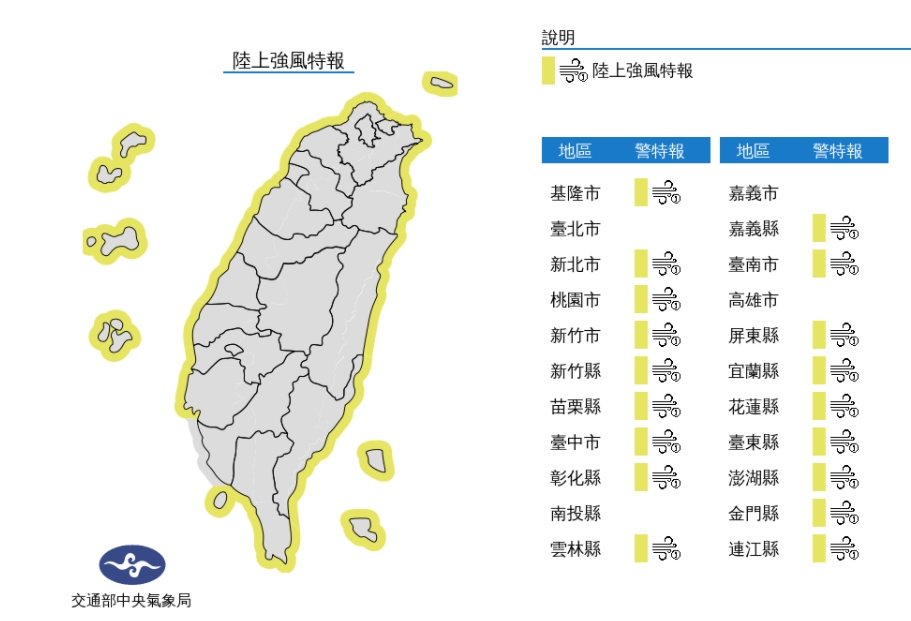 全台18縣市陸上強風特報，沿海有長浪發生的機率，從事海邊活動多加留意安全。 圖/中央氣象局