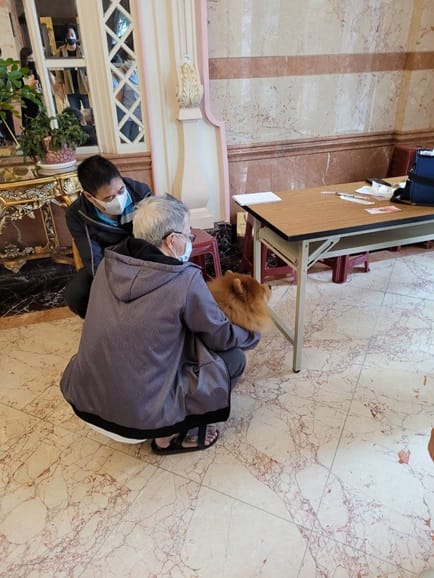 林口社區打狂犬病疫苗時，為了怕犬隻緊張，獸醫師由背後施打疫苗。 圖：新北市動保處提供