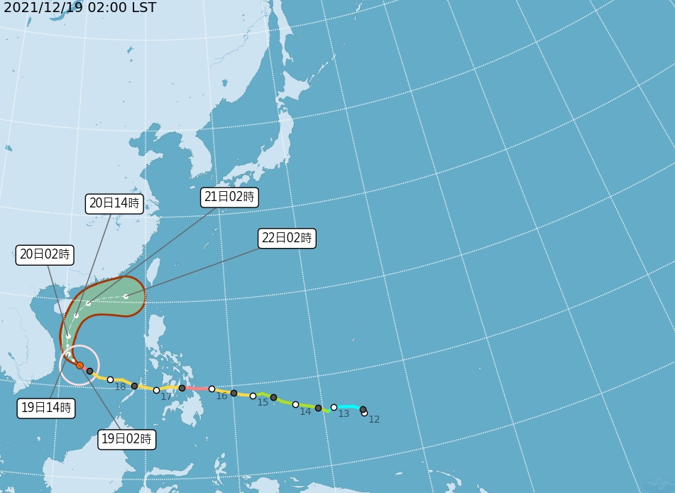 強烈颱風雷伊外圍及殘留的水氣將在週一至週三影響台灣地區，屆時各地降雨機率都會提高。 圖/中央氣象局