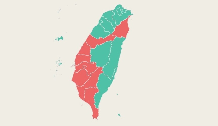 圖為第18案反萊豬進口同意與不同意縣市。(綠色為同意，紅色為不同意) 圖:翻攝自中選會