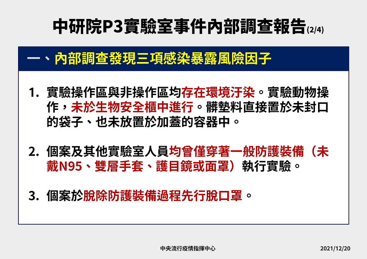 中央研究院P3前實驗室人員確診事件調查報告。 圖：中央流行疫情指揮中心/提供