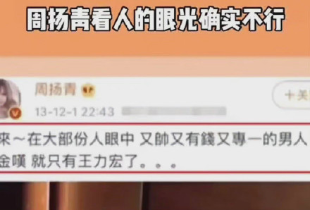 周揚青2013年曾說「又帥又有錢又專一的男人，就只有王力宏了」，讓許多網友忍不住吐槽「看人眼光確實不行」。 圖：翻攝自微博