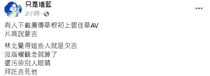 臉書粉專只是堵藍也發文表示:「這些人就是欠吉，污染別人眼睛」。 圖 : 翻攝臉書只是堵藍
