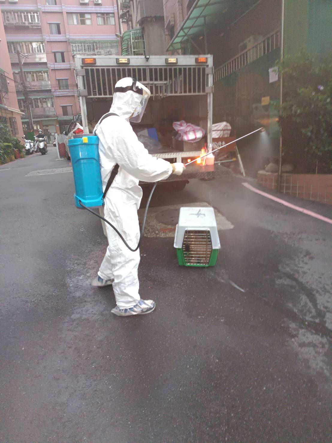 新北市動保處人員帶完確診者寵物後進行現場環境消毒。 圖：新北市動保處提供