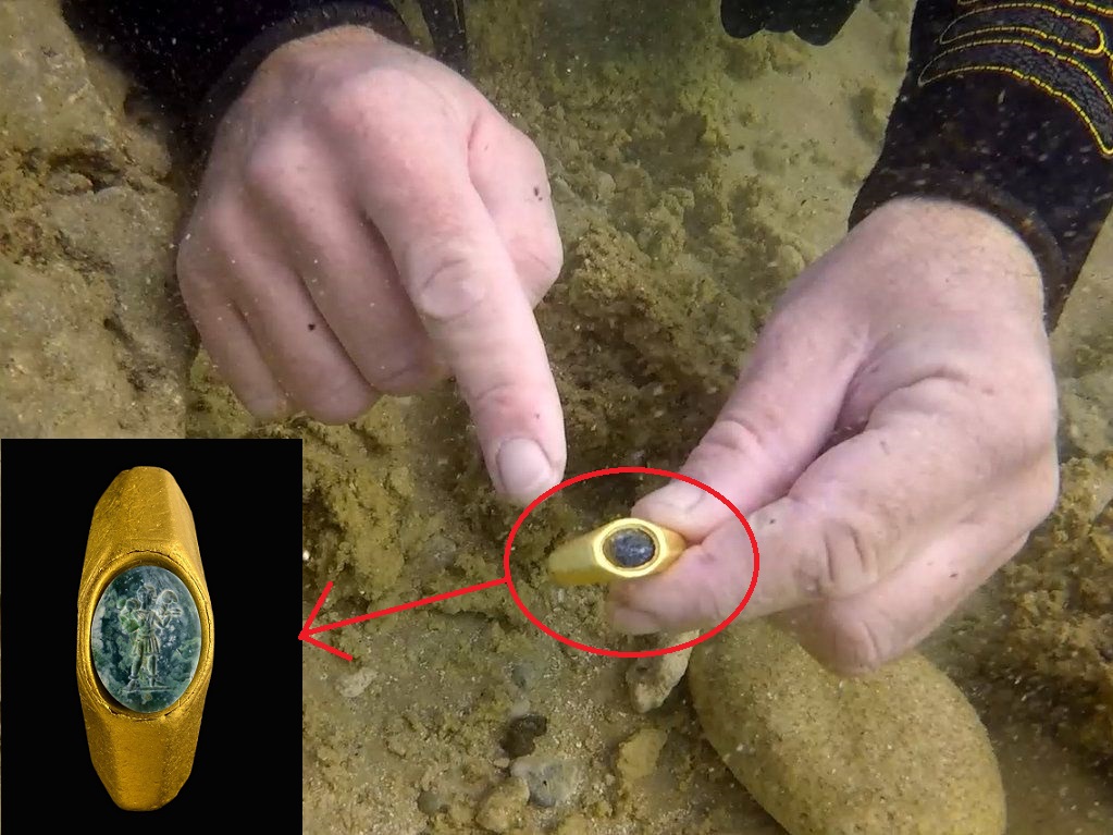 以色列文物局表示，在塞沙里亞附近地中海海床上發現2艘沉船，發現1枚嵌著綠色寶石、刻有耶穌善牧像的金戒指，距今約1700年歷史。 圖：翻攝自以色列古物管理局臉書/新頭殼合成