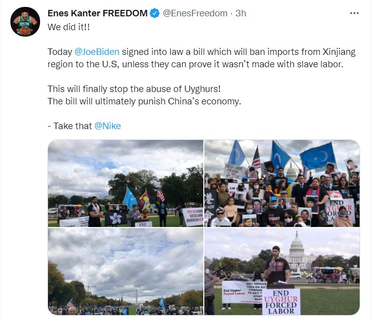 Enes Kanter認為拜登簽署的「防止維吾爾人強迫勞動法案」能有效停止中國當局的人權迫害。 圖：翻攝自Enes Kanter推特