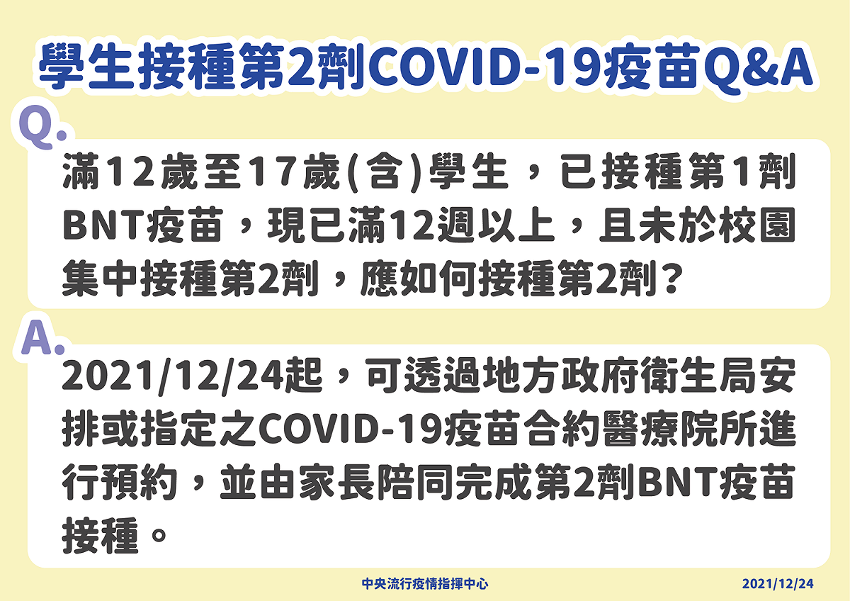 今(24)日起，青少年可直接到指定醫療院所預約，由家長陪同完成第二劑BNT接種。 圖：中央流行疫情指揮中心指揮官／提供
