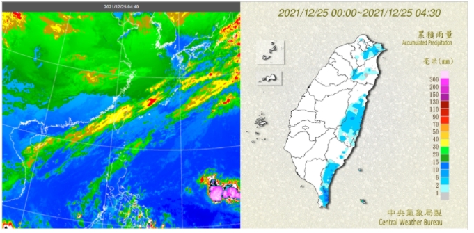 今天4：40紅外線色調強化雲圖顯示，中高層雲通過中部以北(左圖)；4：30累積雨量圖則顯示，降雨主要發生在東半部及北部(右圖)。 圖/「三立準氣象．老大洩天機」專欄