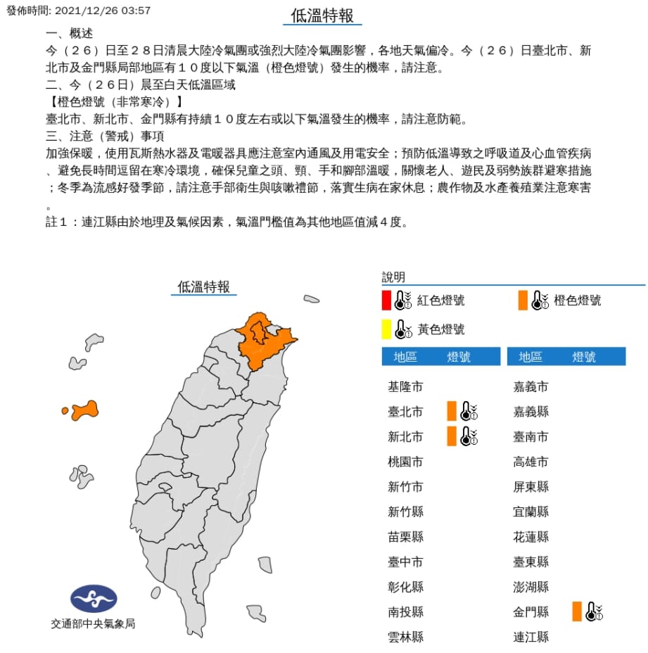 雙北、金門低溫亮橙燈，請加強保暖。 圖/中央氣象局