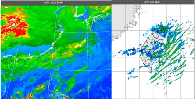 今天4：40紅外線色調強化雲圖顯示，中高層雲持續從南海移入(左圖)。4：40雷達回波合成圖顯示，東側海面上有「雲街」(cloud street)的回波，西側中高雲的回波不強(右圖)。 圖/「三立準氣象．老大洩天機」專欄