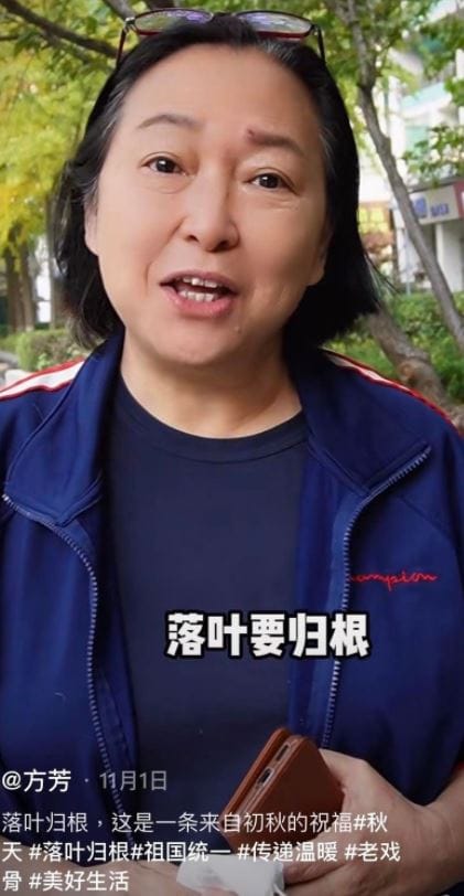 方芳在抖音影片標註「祖國統一」。 圖：翻攝自方芳抖音