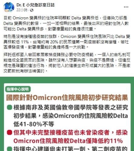 醫師指出，Omicron的住院率較Delta變異株低，但傳染力卻是它的數倍，假如社區爆發疫情，對醫療量能將是一大挑戰。 圖：翻攝自Dr. E 小兒急診室日誌臉書