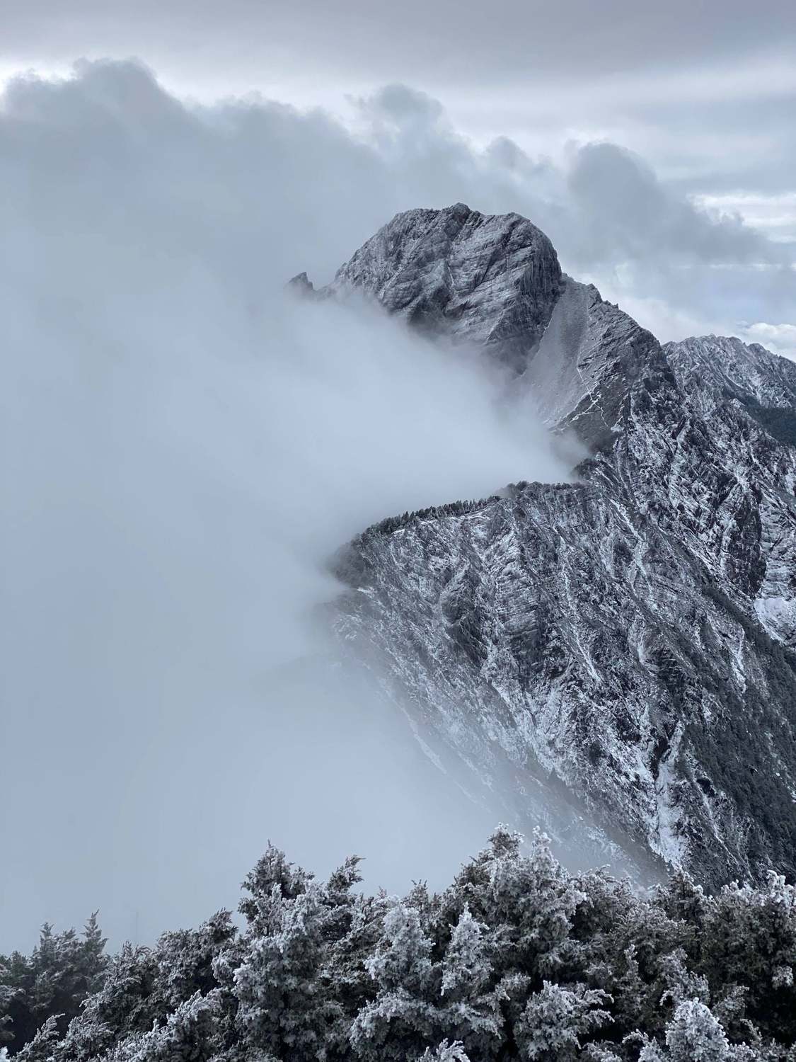 中央氣象局長鄭明典在臉書分享玉山雪後的美照。 圖：擷取自鄭明典臉書