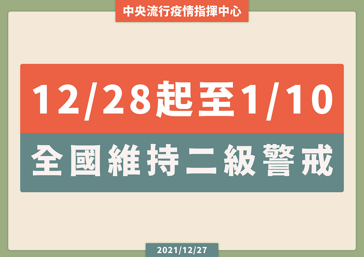我國延長二級疫情警戒至1/10(一)。 圖：中央流行疫情指揮中心/提供