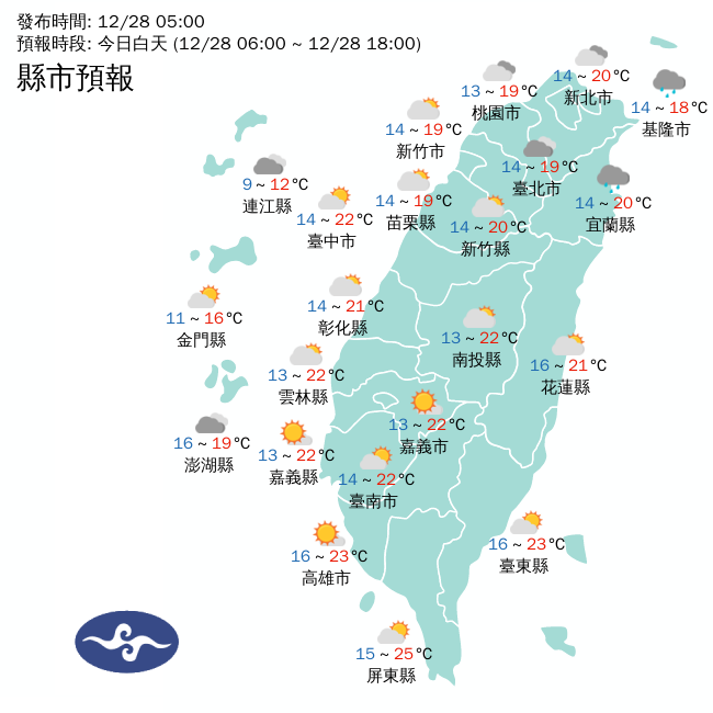今天氣溫可望回暖，白天起，北部氣溫將在攝氏12至20度間、中部11至23度，而南部約12至24度，東部也在12至23度間。 圖：中央氣象局/提供