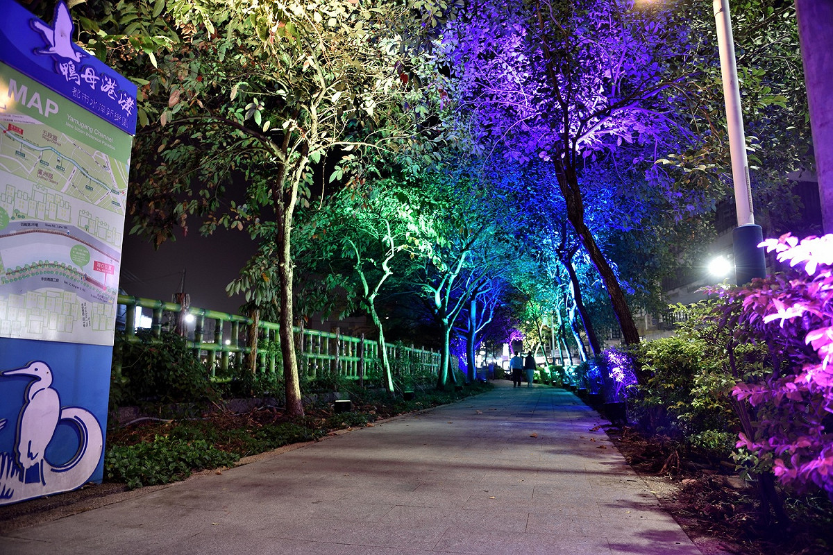 色彩斑斕林蔭步道，彷彿沉浸在奼紫嫣紅的夢幻世界。 圖：新北市水利局提供