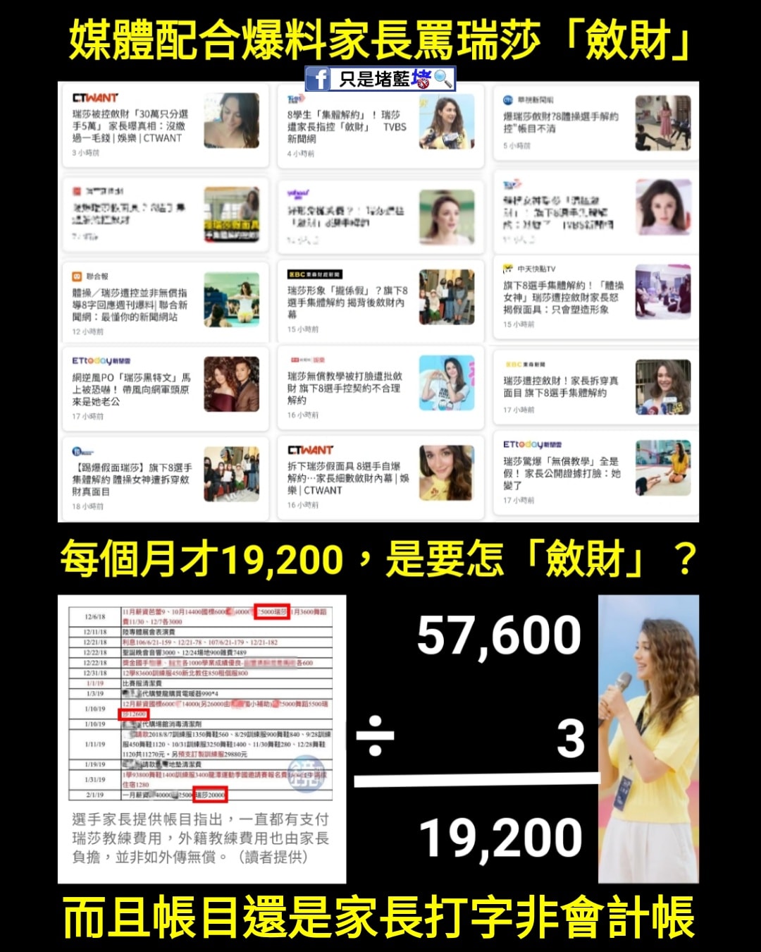 藝人瑞莎被爆斂財消息啟人疑竇，網友認為爆料家長提供帳目裡，瑞莎月薪不到2萬元，是要怎麼斂財。 圖：翻攝自只是堵藍臉書