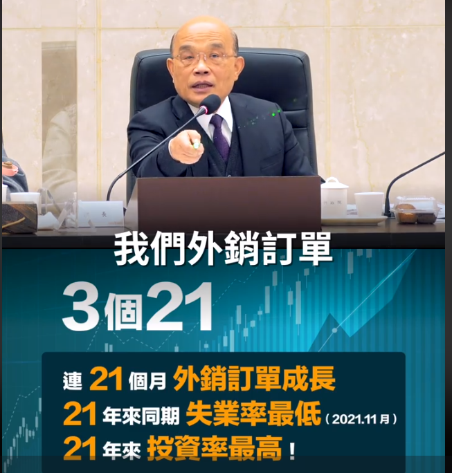 蘇貞昌向民眾喊話：「2022，讓我們一起繼續拚，讓台灣繼續向前進。」 圖：翻攝蘇貞昌臉書