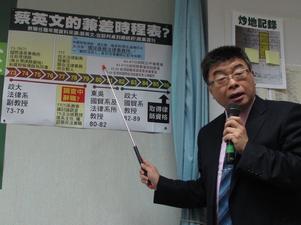 前立委邱毅29日質疑，民進黨總統候選人蔡英文1990年因為在律師事務所非法兼差，而遭政大法律系調查，要求蔡英文說明自己是怎麼離開的。 圖：邱珮文/攝