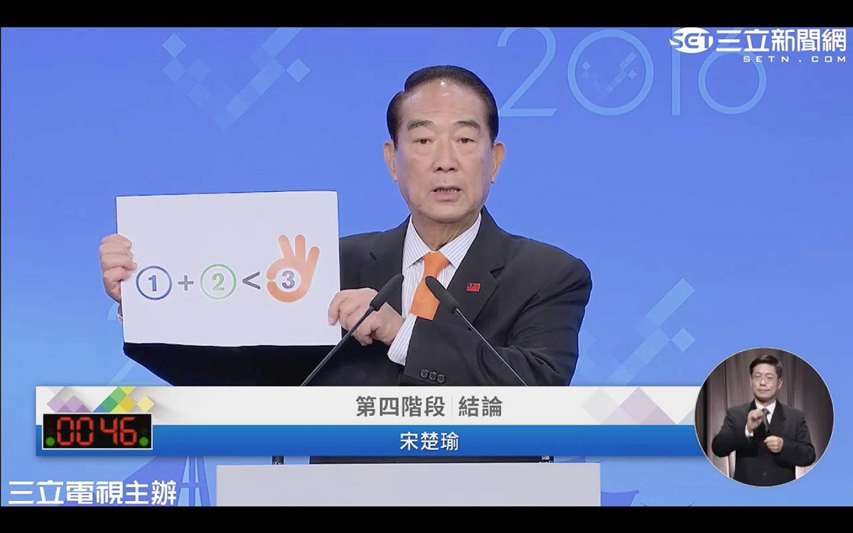 2016總統大選第2場總統辯論2日下午登場，親民黨總統候選人宋楚瑜在結論時表示，他什麼都不缺，只缺一個權利「執政權」。 圖：翻攝自網路直播