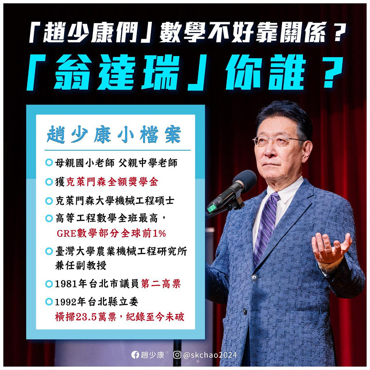 中廣董事長趙少康槓上自稱旅美教授的網友「翁達瑞」 圖：翻攝趙少康臉書