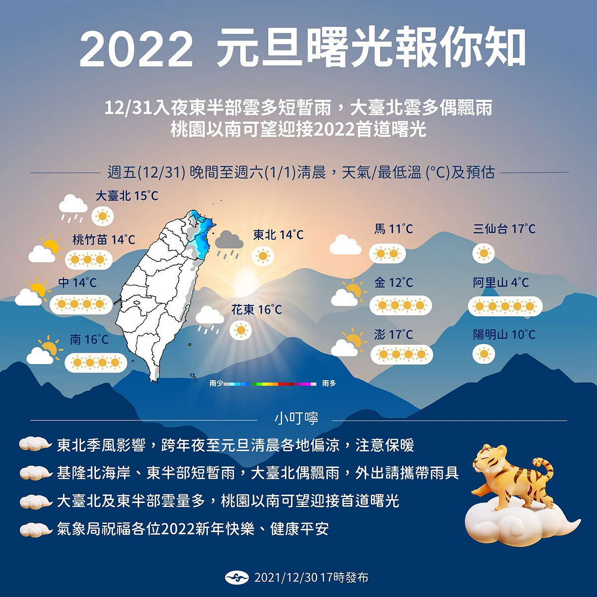 氣象局公布跨年夜至元旦清晨的天氣概況及曙光機率。 圖：翻攝自報天氣 - 中央氣象局臉書