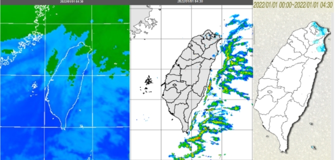今(1)日4：30紅外線色調強化雲圖顯示，迎風面北部及東部海面有較多的低雲，海峽北部亦有一些(左圖)；4：30雷達回波合成圖顯示，東側海面有較多的回波(中圖)；今晨北海岸、大台北東側及宜蘭有局部雨(右圖)。 圖/「三立準氣象．老大洩天機」專欄