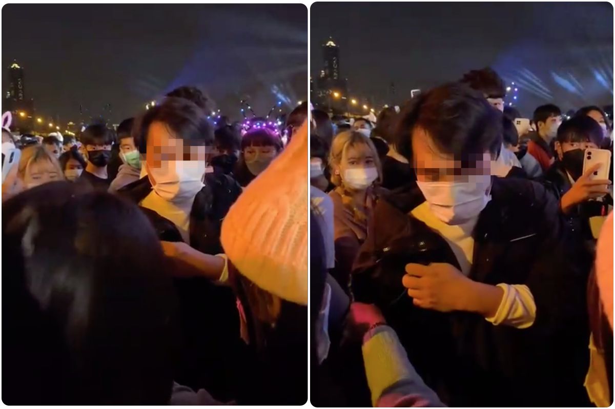 ▲高雄蓬萊跨年晚會驚傳襲臀色狼，遭被害女子抓個正著、大聲喝斥，嫌犯狼狽影像全被周圍路人用手機拍下。（圖／網友提供）