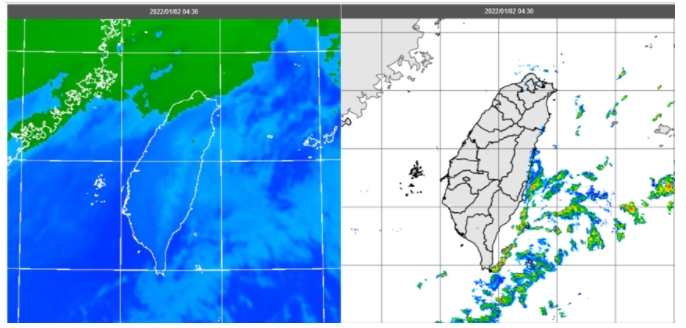今(2)日4：30紅外線色調強化雲圖顯示，北部及東部海面皆有的低雲存在(左圖)。4：30雷達回波合成圖顯示，花東外海有較多的回波(右圖)。