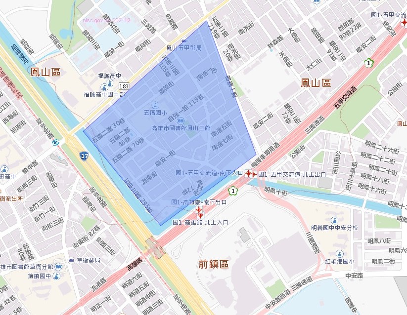 高雄市鳳山區福德街、五甲三路、南安路一帶停水範圍。 圖：取自台灣自來水公司第七區管利處網頁