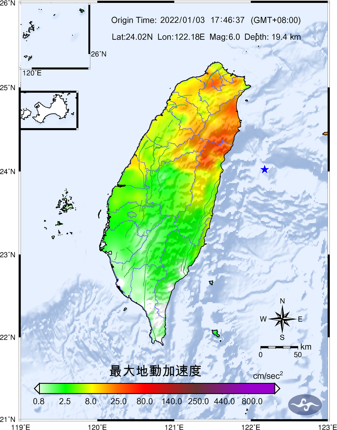昨日傍晚東部海域發生規模6.0地震(圖為地震最大地動加速度圖)。 圖：中央氣象局／提供